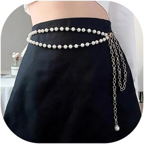 Pearl Belts for Women Layered Dresses Belt 14k Gold Plated Waist Body Chain Charm Pearl Dress Belts for Girl Bride Wedding Fashion Jewelry Gifts Accessory