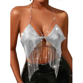 Women's Rhinestone Body Chain Silver Sparkly Halter Crop Tops Tassel Bra Top Sexy Party Costume Rave Outfit