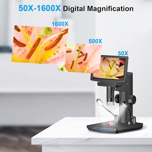 7" HDMI LCD Digital Microscope - 1600X Coin Microscope w/ 1080P IPS Screen LED Lights 2 Flexible Side Lights PC View Soldering Microscope for Adults Compatible for Windows/Mac/TV 32GB in Kuwait