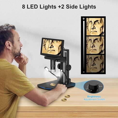 7" HDMI LCD Digital Microscope - 1600X Coin Microscope w/ 1080P IPS Screen LED Lights 2 Flexible Side Lights PC View Soldering Microscope for Adults Compatible for Windows/Mac/TV 32GB in Kuwait
