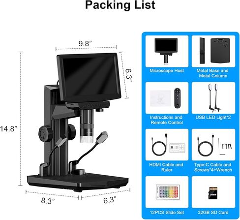 7" HDMI LCD Digital Microscope - 1600X Coin Microscope w/ 1080P IPS Screen LED Lights 2 Flexible Side Lights PC View Soldering Microscope for Adults Compatible for Windows/Mac/TV 32GB in Kuwait