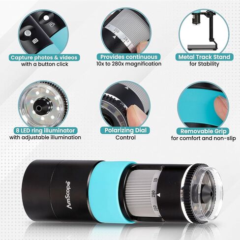 AmScope 5.1MP مجهر USB رقمي احترافي مستقطب مع تكبير 10X-280X وإضاءة LED وحامل معدني للفحص الصناعي والتصنيع والهوايات HHD5100P-P in Kuwait