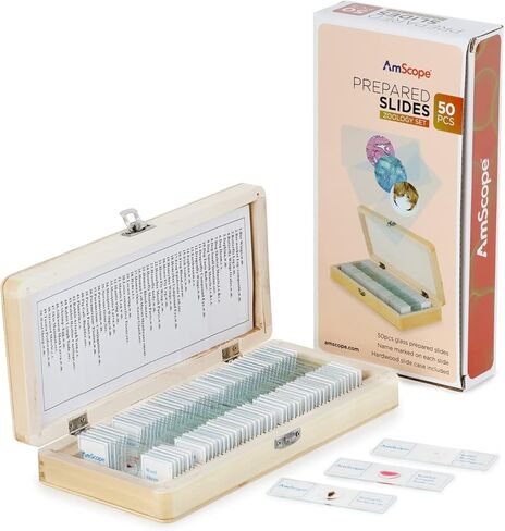 AmScope - 50 قطعة من عينات شرائح المجهر الزجاجي لعلم الحيوان مع علبة خشبية - PS50W-ZLG in Kuwait