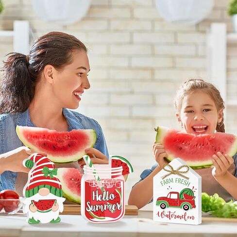 3 Pieces Summer Tiered Tray Decor, 3D Watermelon Tiered Tray Decor Set Hello Summer, Cute Watermelon Gnome Truck Wood Table Top Sign, Rustic Farmhouse Wooden Table Sign Decor for Home Decorations in Kuwait