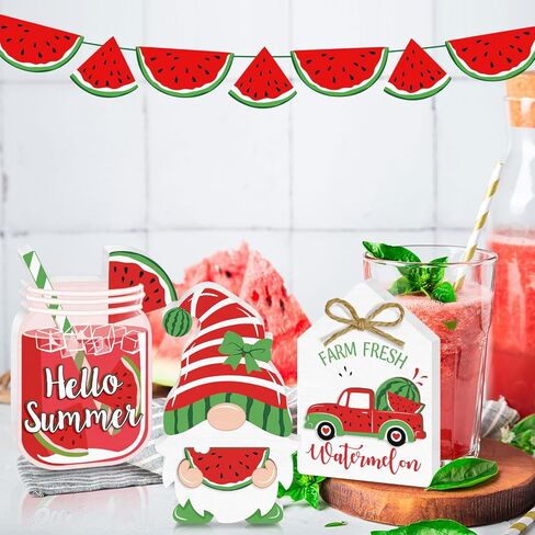 3 Pieces Summer Tiered Tray Decor, 3D Watermelon Tiered Tray Decor Set Hello Summer, Cute Watermelon Gnome Truck Wood Table Top Sign, Rustic Farmhouse Wooden Table Sign Decor for Home Decorations in Kuwait