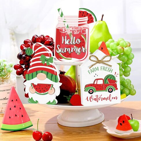 3 Pieces Summer Tiered Tray Decor, 3D Watermelon Tiered Tray Decor Set Hello Summer, Cute Watermelon Gnome Truck Wood Table Top Sign, Rustic Farmhouse Wooden Table Sign Decor for Home Decorations in Kuwait