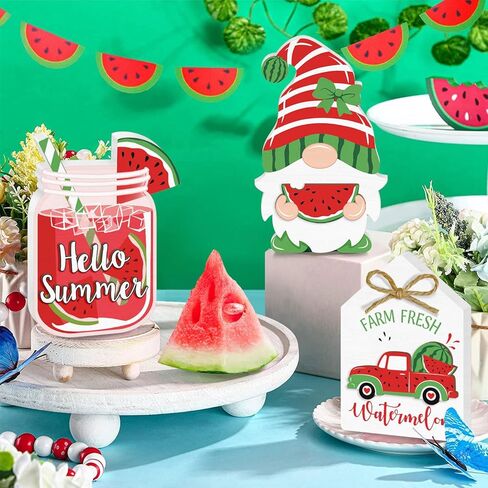 3 Pieces Summer Tiered Tray Decor, 3D Watermelon Tiered Tray Decor Set Hello Summer, Cute Watermelon Gnome Truck Wood Table Top Sign, Rustic Farmhouse Wooden Table Sign Decor for Home Decorations in Kuwait