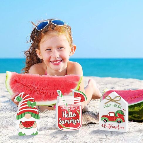 3 Pieces Summer Tiered Tray Decor, 3D Watermelon Tiered Tray Decor Set Hello Summer, Cute Watermelon Gnome Truck Wood Table Top Sign, Rustic Farmhouse Wooden Table Sign Decor for Home Decorations in Kuwait