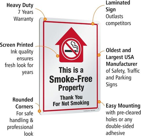 SmartSign 14 x 10 inch “This Is A Smoke-Free Property - Thank You For Not Smoking" Metal Sign, 40 mil Laminated Rustproof Aluminum, Red, Black and White in Saudi Arabia
