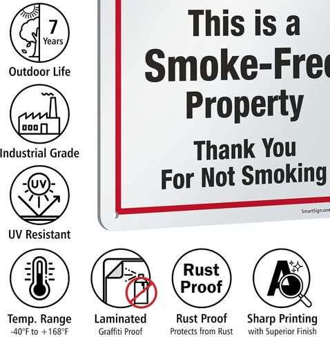 SmartSign 14 x 10 inch “This Is A Smoke-Free Property - Thank You For Not Smoking" Metal Sign, 40 mil Laminated Rustproof Aluminum, Red, Black and White in Saudi Arabia