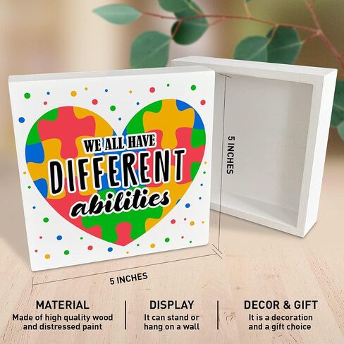 Autism Awareness Wooden Box Sign, Autism Awareness Classroom Home Office Desk Decor, Autism Kids Child Nursery Bedroom Decoration, Autism Awareness Month Mom Teacher Gifts, We Have Different Abilities in Saudi Arabia