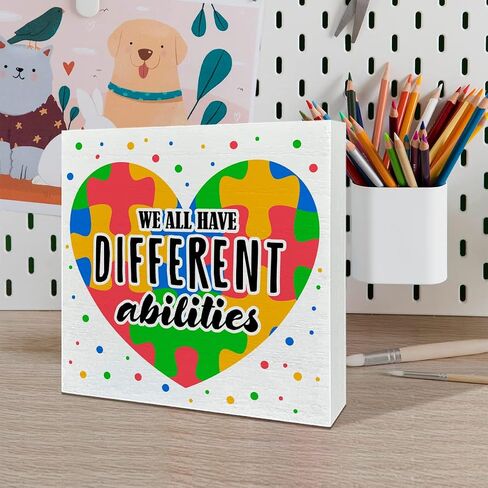 Autism Awareness Wooden Box Sign, Autism Awareness Classroom Home Office Desk Decor, Autism Kids Child Nursery Bedroom Decoration, Autism Awareness Month Mom Teacher Gifts, We Have Different Abilities in Saudi Arabia