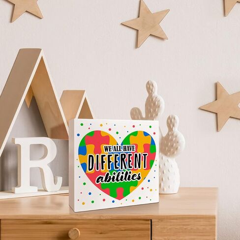 Autism Awareness Wooden Box Sign, Autism Awareness Classroom Home Office Desk Decor, Autism Kids Child Nursery Bedroom Decoration, Autism Awareness Month Mom Teacher Gifts, We Have Different Abilities in Saudi Arabia