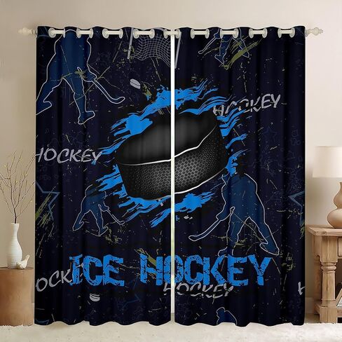 Manfei Ice Hockey Kids Window Curtains Sports Gaming Theme Blue Window العلاجات، ستائر نافذة مشغل الهوكي للأولاد والبنات ديكور الغرفة جروميت أعلى 2 لوحة مجموعة ستائر غرفة النوم، 42Wx63L بوصة in Kuwait