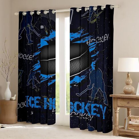 Manfei Ice Hockey Kids Window Curtains Sports Gaming Theme Blue Window العلاجات، ستائر نافذة مشغل الهوكي للأولاد والبنات ديكور الغرفة جروميت أعلى 2 لوحة مجموعة ستائر غرفة النوم، 42Wx63L بوصة in Kuwait
