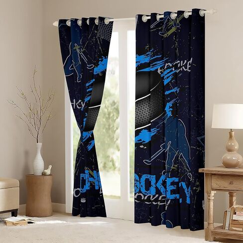 Manfei Ice Hockey Kids Window Curtains Sports Gaming Theme Blue Window العلاجات، ستائر نافذة مشغل الهوكي للأولاد والبنات ديكور الغرفة جروميت أعلى 2 لوحة مجموعة ستائر غرفة النوم، 42Wx63L بوصة in Kuwait