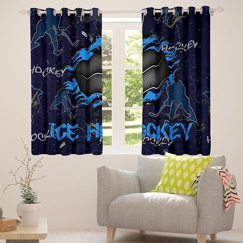 Manfei Ice Hockey Kids Window Curtains Sports Gaming Theme Blue Window العلاجات، ستائر نافذة مشغل الهوكي للأولاد والبنات ديكور الغرفة جروميت أعلى 2 لوحة مجموعة ستائر غرفة النوم، 42Wx63L بوصة in Kuwait