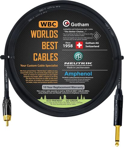 WORLDS BEST CABLES 4 Foot – TS to RCA Cable – Gotham GAC-1 Ultra Pro Low- Capacitance Instrument Cable & Neutrik NP2X-B & Amphenol ACPL-CBK Gold Plugs - Custom Made in Saudi Arabia