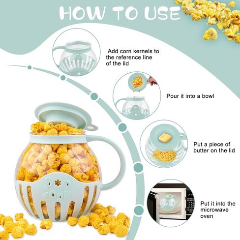 Glass Microwave Popcorn Popper with 3-in-1 Multifunctional High Temperature Resistant Glass Popcorn Jar Silicone Lid for Family Party Blue 1 pack in Saudi Arabia
