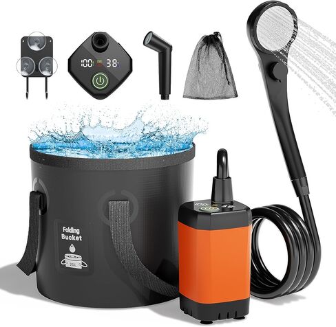 Upgrade Portable Camping Shower, 6000mAh Rechargeable Shower Pump, Filter Shower Head & 5 Gallons Foldable Bucket, Outdoor Shower for Camping Hiking Beach, Travel, Pet Bath, Car Washing (Black) in Saudi Arabia