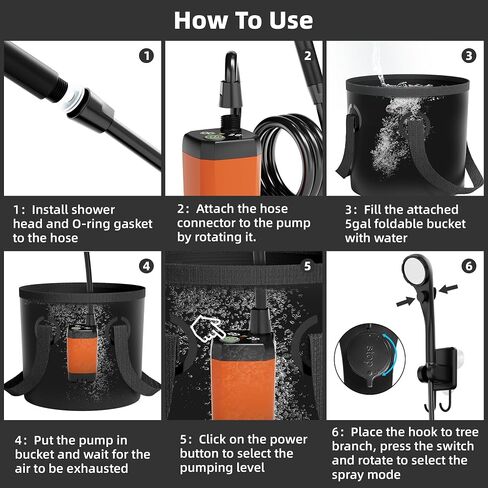 Upgrade Portable Camping Shower, 6000mAh Rechargeable Shower Pump, Filter Shower Head & 5 Gallons Foldable Bucket, Outdoor Shower for Camping Hiking Beach, Travel, Pet Bath, Car Washing (Black) in Saudi Arabia