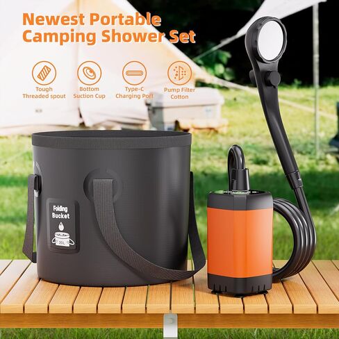 Upgrade Portable Camping Shower, 6000mAh Rechargeable Shower Pump, Filter Shower Head & 5 Gallons Foldable Bucket, Outdoor Shower for Camping Hiking Beach, Travel, Pet Bath, Car Washing (Black) in Saudi Arabia