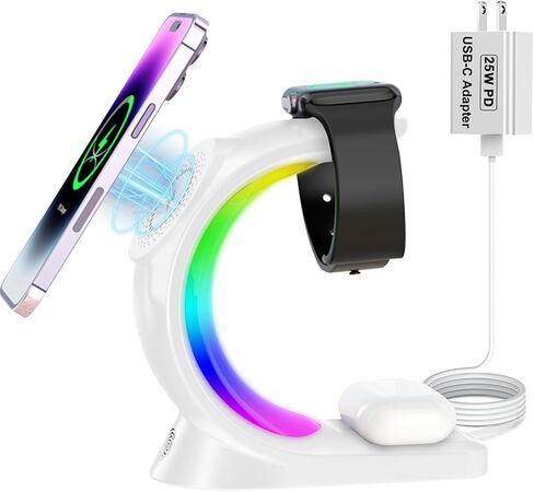 Mag-Safe 3 in 1 Wireless Charging Station, [6-Color RGB Light] 15W Fast Magnetic Wireless Charger Stand for Multiple Devices Apple, for iPhone 15 14 13 12 Pro Max/Plus/Pro, for iWatch 2 to 9 in Kuwait