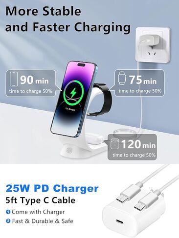 Mag-Safe 3 in 1 Wireless Charging Station, [6-Color RGB Light] 15W Fast Magnetic Wireless Charger Stand for Multiple Devices Apple, for iPhone 15 14 13 12 Pro Max/Plus/Pro, for iWatch 2 to 9 in Kuwait