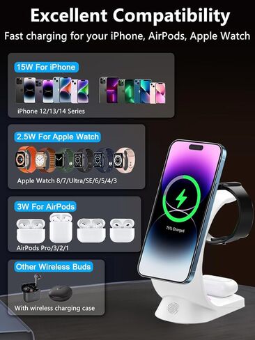 Mag-Safe 3 in 1 Wireless Charging Station, [6-Color RGB Light] 15W Fast Magnetic Wireless Charger Stand for Multiple Devices Apple, for iPhone 15 14 13 12 Pro Max/Plus/Pro, for iWatch 2 to 9 in Kuwait