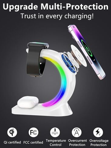 Mag-Safe 3 in 1 Wireless Charging Station, [6-Color RGB Light] 15W Fast Magnetic Wireless Charger Stand for Multiple Devices Apple, for iPhone 15 14 13 12 Pro Max/Plus/Pro, for iWatch 2 to 9 in Kuwait
