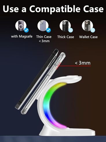 Mag-Safe 3 in 1 Wireless Charging Station, [6-Color RGB Light] 15W Fast Magnetic Wireless Charger Stand for Multiple Devices Apple, for iPhone 15 14 13 12 Pro Max/Plus/Pro, for iWatch 2 to 9 in Kuwait