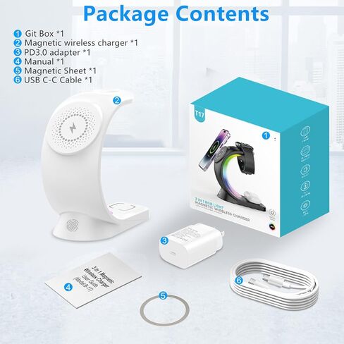 Mag-Safe 3 in 1 Wireless Charging Station, [6-Color RGB Light] 15W Fast Magnetic Wireless Charger Stand for Multiple Devices Apple, for iPhone 15 14 13 12 Pro Max/Plus/Pro, for iWatch 2 to 9 in Kuwait