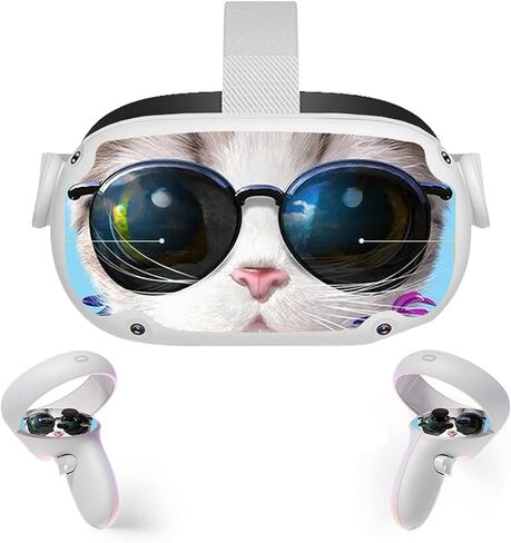 Vr Stickers for Oculus Quest 2, YIJIO Stickers Decal Compatible with Meta Quest 2 Full Warp Cartoon Skin Protective Vinyl Sticker for Headset and Controllers (Glasses Cat) in Saudi Arabia