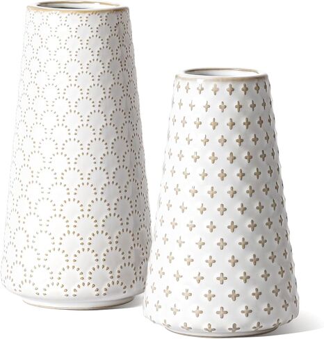 White Ceramic Vase for Centerpieces, 6 Inch+7.1 Inch Vase for Lego Flowers,Tulip and Pampas Grass, Embossed Farmhouse Flower Vases for Home Living Room Dining Table Office Decor, Arctic White in Saudi Arabia