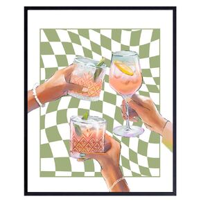 Party Decor Wall Art for Women - Bar Decor - Wine Wall Art - Cheers Sign Cocktail party Decorations - Retro Mid Century Modern Aesthetic Decor - Boho Chic Wall Decor - Funky Trendy Preppy Room Decor