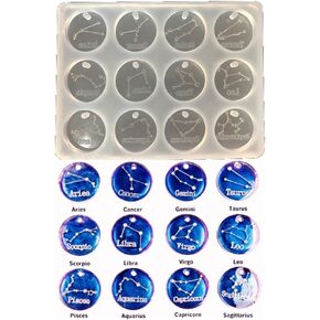 12 Zodiac Constellation Resin Molds, Round Zodiac Sign Epoxy Resin Molds for Jewelry Making DIY Craft, Resin Keychains, Clay Crafts, Punch-Free.