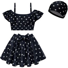 Girls Swimwear Swimsuit Short Sleeve Bathing Suits Set for 4-14 Years