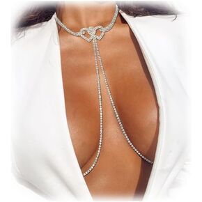 Rhinestone Double Heart Bra Chain Necklace Jewelry Crystal Chest Chain Sexy Non Piercing Nipple Chain Festival Rave Body Nipple Accessories Jewelry for Women