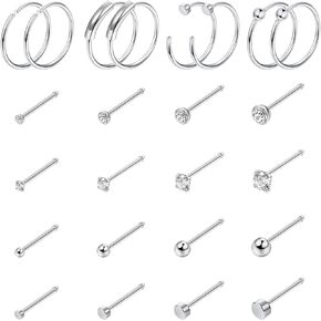 24PCS 20G Nose Ring Studs Stainless Steel Nose Rings Hoop Bone Screw L-Shaped Nose Studs 8MM Hoop Nose Piercing Jewelry for Women Men