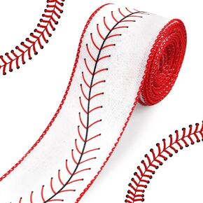 Baseball Wired Edge Ribbons 2.5" 10 Yards, White Wired Edge Decoration Ribbon Sport Fabric Craft Ribbon Burlap Wrapping Ribbon for Sport Team Party DIY Craft Wreath Bow Decor