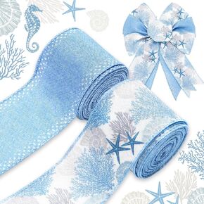 Blue Coral Starfish Wired Edge Ribbon Ocean Sea Craft Ribbon Summer Fabric Ribbon for Wreath Bow Making DIY Crafts Wrapping Party Decor, 2 Rolls, 20 Yard