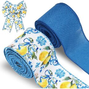 AnyDesign Lemon Wired Edge Ribbon 20 Yards Blue Tile Lemon Fabric Craft Ribbon for Spring Summer Baby Shower Birthday Gift Wrapping Wreath Bow DIY Crafts, 2 Roll