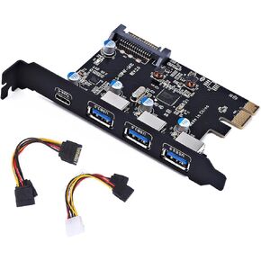 PCI-E to USB 3.0 Type C +3 Type A Expansion Card - Interface USB 3.0 4-Port Express Card Desktop with 15 pin SATA Power Connector [ Include with A 4pin to 2x15pin Cable + A 15pin to 2X 15pin SATA Y-C