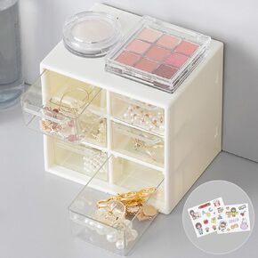 Mini Plastic Desktop Organizer with 6 Drawers,Small Parts Organizer,Desktop Drawer Cabinet for Makeup Office Craft Supplies,Sticker Organizer with Cute Stickers 2-Pack (Creamy-white)