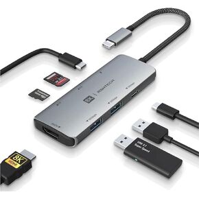 USB C Hub, RSHTECH USB C Dongle Adapter with 8K HDMI, 10Gbps USB C and 2 USB A Data Ports, 100W Power Delivery, SD/TF Card Reader, Aluminum USB 3.1/3.2 Gen 2 Hub for PC and Laptop, RSH-T02