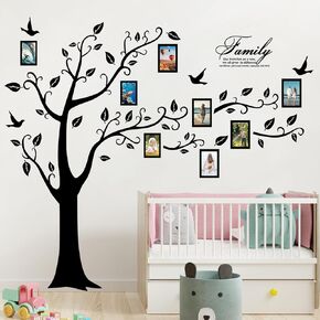 Large Family Photo Tree Wall Sticker 3D Peel and Stick Vinyl Photo Frame Tree Wall Decals Removable Quotes Leaf and Birds Wall Decor for Home Kids Bedroom Living Room Classroom Nursery (Right, Brown)