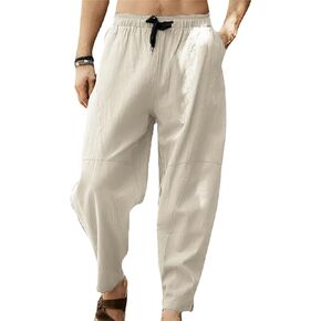 HangNiFang Men's Cotton Linen Harem Pants Drawstring Cropped Bloomers Pants with Pockets