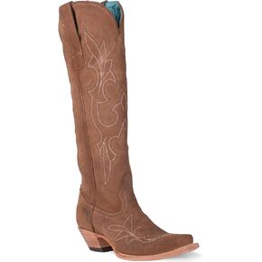Corral Boots Womens Suede Tooled-Inlay Tall Snip Toe Casual Boots Knee High Mid Heel 2-3" - Brown