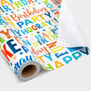 Reversible Birthday Wrapping Paper Roll - 17 Inch X 33 Ft(46.8 Sq.Ft.Ttl) - Creative Colorful Happy Birthday Lettering & Candle Navy Blue Gift Wrap Paper for Birthday, Party, Baby Shower & Holiday