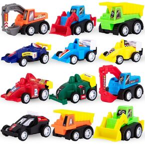 ArtCreativity Mini Pull Back Vehicles (Bulk) - Set of 12 Mini Car and Contruction Trucks - Pull Back Car Toys for Kids with Construction Vehicles and Race Cars - Fun Car Toys for Toddlers